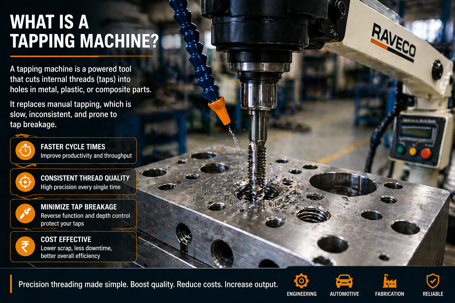 Tapping machine cutting internal threads in metal component during industrial machining process